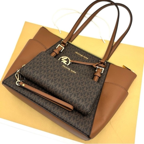Michael Kors Large Charlotte Tote Bag & Continental Wallet Luggage Brown - Picture 10 of 13
